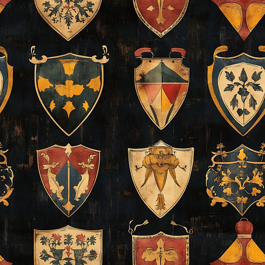 medieval heraldry, coat of arms, shield designs, banner motifs, rustic brown, golden yellow, deep red, forest green, cream beige, floral emblems, geometric patterns, vintage style, quilting cotton, fabric panel, heraldic symbols, weathered texture, european inspired, medieval aesthetic, decorative crests, armorial bearings