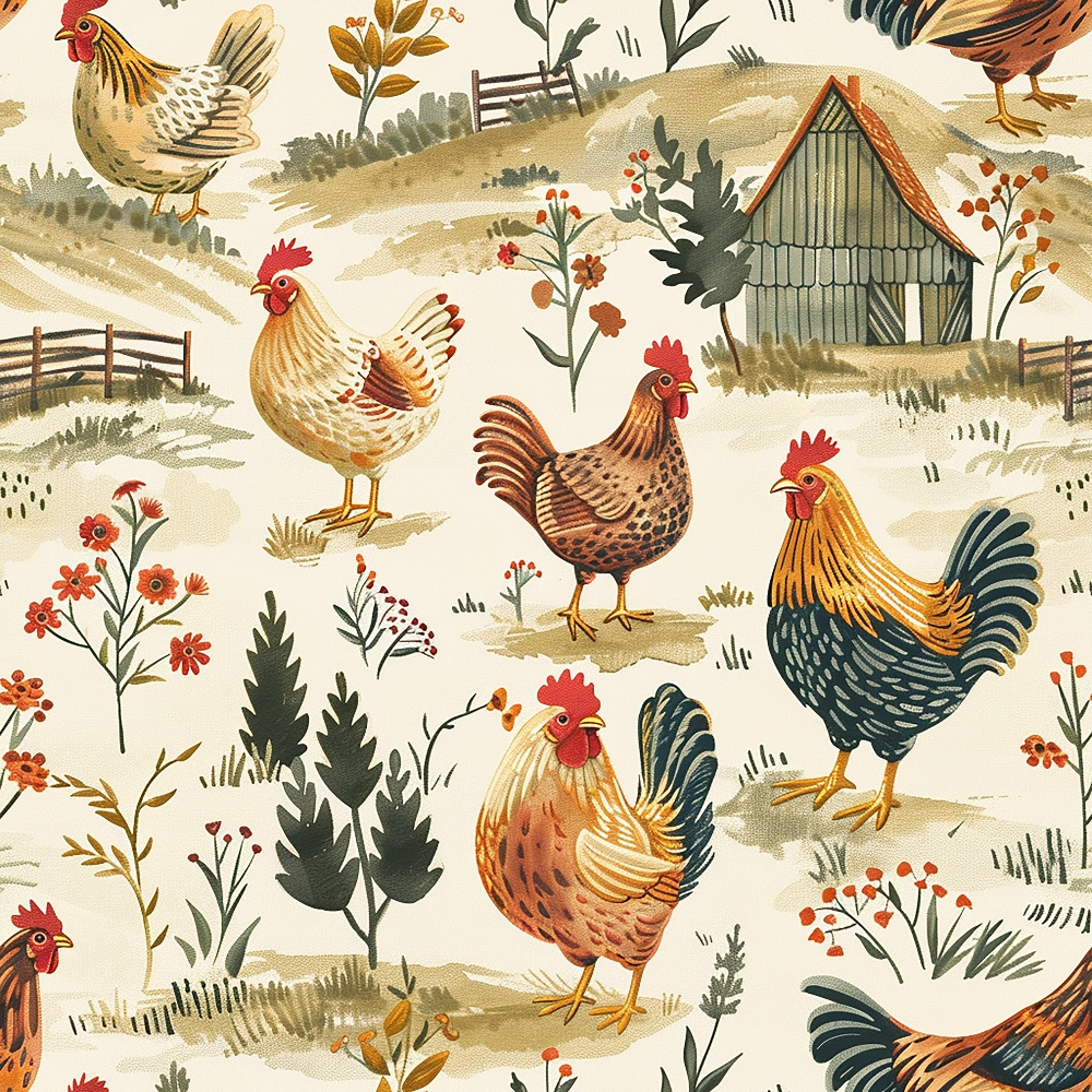 Daily Deal: Farmhouse Chickens Pattern 3 Quilting Cotton Fabric - 45" x 1 Yard"