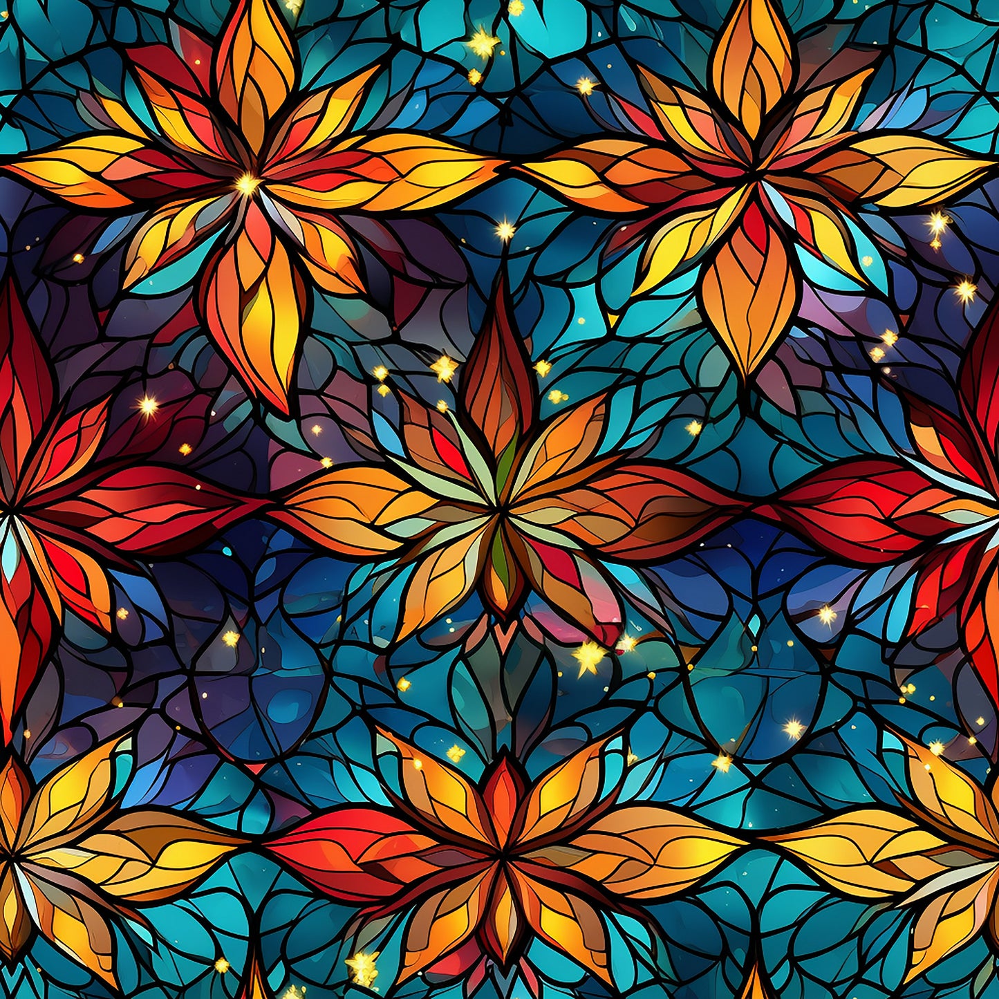 stained glass, christmas pattern, quilting cotton, fabric panel, floral motifs, star flowers, vibrant colors, orange petals, red accents, yellow highlights, teal background, purple shades, geometric design, mosaic effect, holiday fabric, winter theme, decorative pattern, craft material, sewing fabric, kaleidoscope design