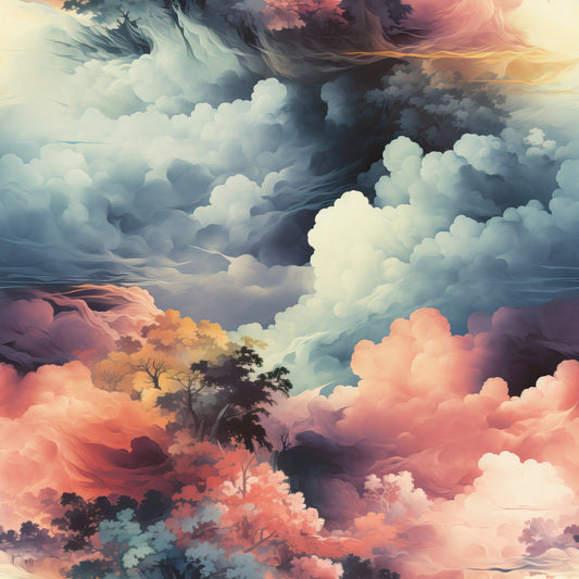 colorful clouds, dramatic sky, sunset colors, coral pink, peach tones, blue gray, stormy clouds, ethereal atmosphere, dreamy landscape, silhouette trees, nature scene, painterly style, quilting cotton, fabric panel, moody sky, atmospheric art, cloud formations, romantic mood, soft pastels, landscape design