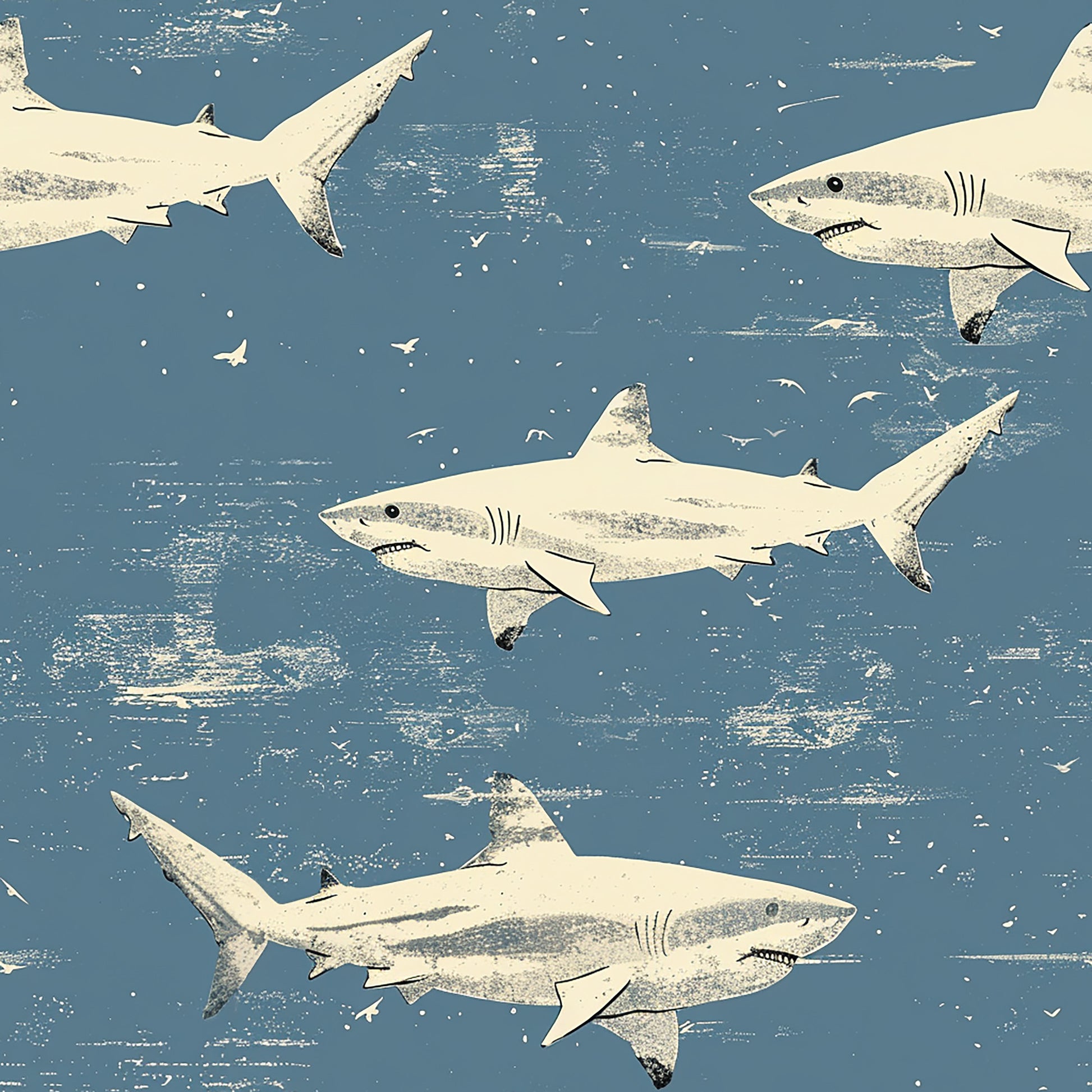 sharks, ocean blue, cream white, swimming pattern, marine life, underwater scene, distressed texture, vintage style, quilting cotton, fabric panel, sea creatures, nautical theme, aquatic animals, weathered look, coastal design, swimming motion, ocean depths, masculine colors, repetitive pattern, stylized illustration