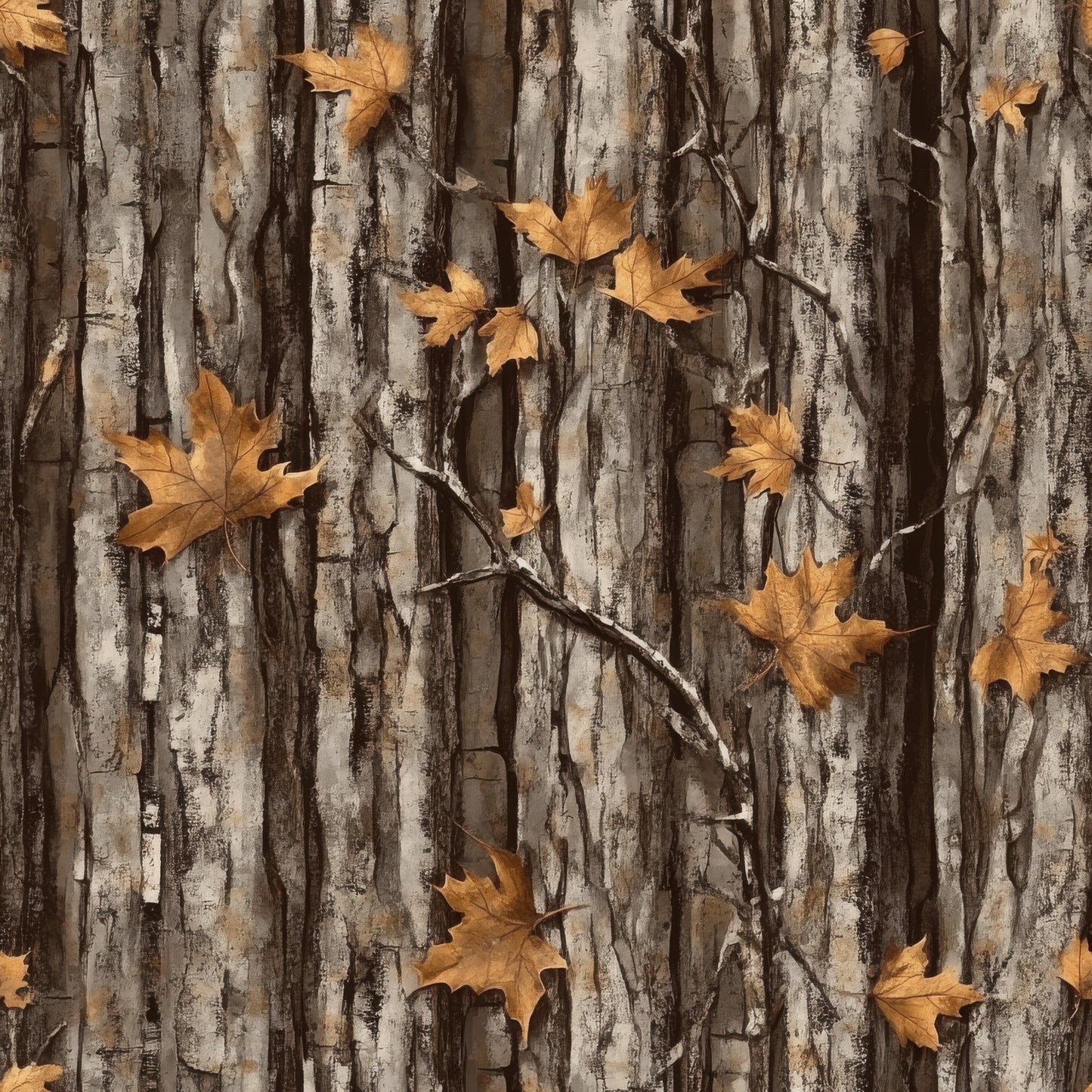 realistic camo, hunting pattern, tree bark texture, autumn leaves, maple leaves, orange leaves, brown bark, gray bark, woodland camouflage, nature pattern, fall foliage, rustic design, outdoor theme, quilting cotton, fabric panel, earth tones, forest scene, camouflage print, hunting theme, autumn colors