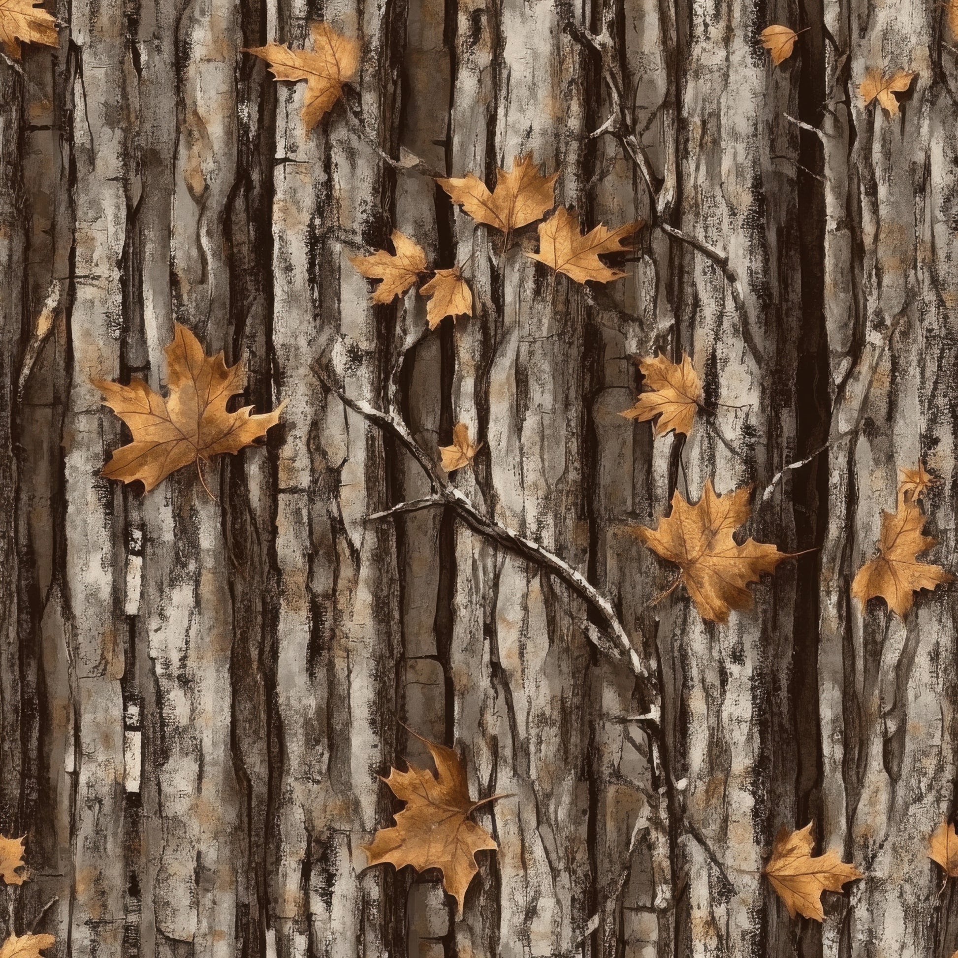 realistic camo, hunting pattern, tree bark texture, autumn leaves, maple leaves, orange leaves, brown bark, gray bark, woodland camouflage, nature pattern, fall foliage, rustic design, outdoor theme, quilting cotton, fabric panel, earth tones, forest scene, camouflage print, hunting theme, autumn colors