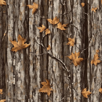 realistic camo, hunting pattern, tree bark texture, autumn leaves, maple leaves, orange leaves, brown bark, gray bark, woodland camouflage, nature pattern, fall foliage, rustic design, outdoor theme, quilting cotton, fabric panel, earth tones, forest scene, camouflage print, hunting theme, autumn colors