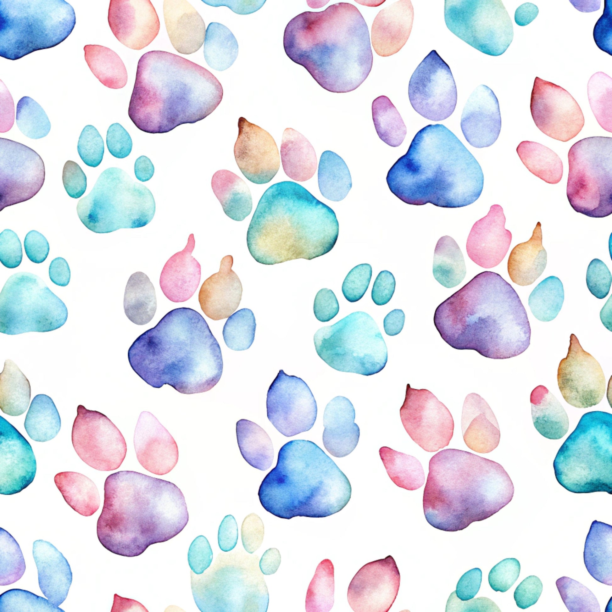 watercolor paws, dog paw prints, pastel colors, blue watercolor, pink watercolor, purple watercolor, turquoise watercolor, seamless pattern, pet themed, animal prints, quilting cotton, fabric panel, soft pastels, whimsical design, paw pattern, gradient colors, craft fabric, sewing material, repeating motif, artistic watercolor