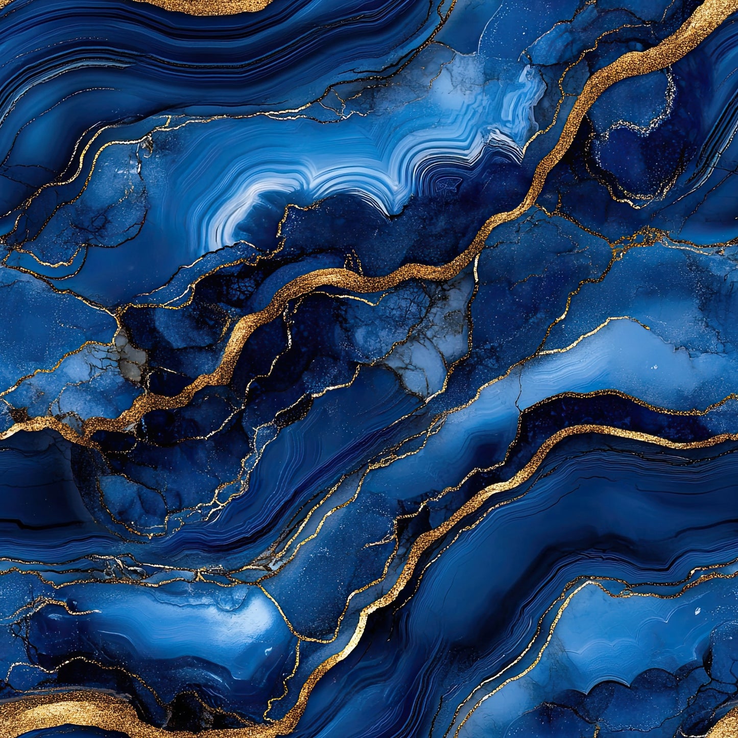 royal blue, deep blue, navy blue, gold, metallic gold, agate pattern, marble texture, swirling lines, flowing design, organic shapes, luxurious, elegant, geological, mineral inspired, quilting cotton, fabric panel, abstract design, fluid movement, sophisticated, contemporary style