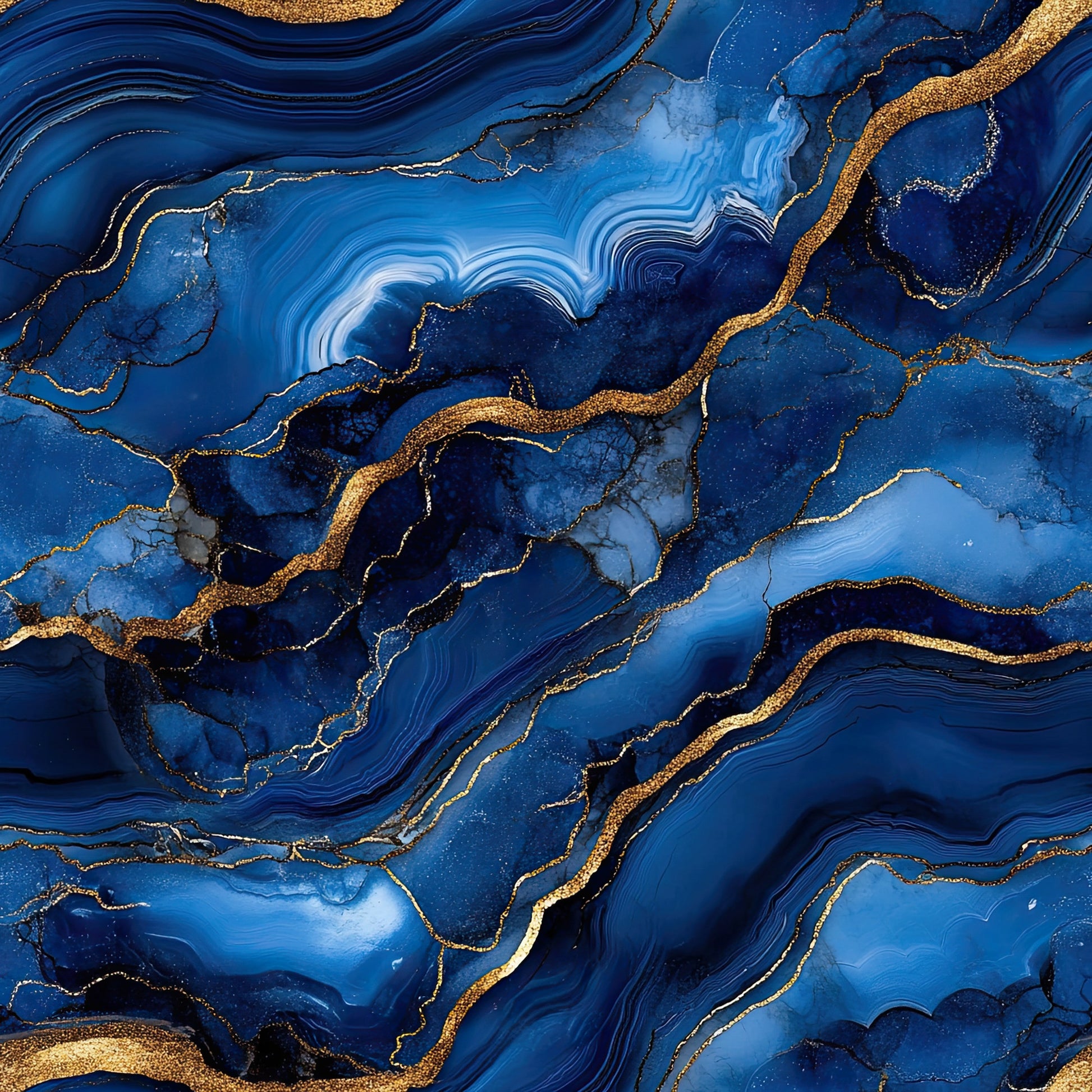 royal blue, deep blue, navy blue, gold, metallic gold, agate pattern, marble texture, swirling lines, flowing design, organic shapes, luxurious, elegant, geological, mineral inspired, quilting cotton, fabric panel, abstract design, fluid movement, sophisticated, contemporary style