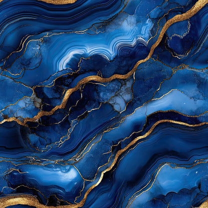royal blue, deep blue, navy blue, gold, metallic gold, agate pattern, marble texture, swirling lines, flowing design, organic shapes, luxurious, elegant, geological, mineral inspired, quilting cotton, fabric panel, abstract design, fluid movement, sophisticated, contemporary style