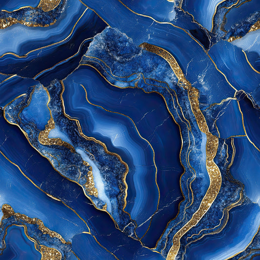 royal blue, deep blue, gold accents, metallic gold, agate pattern, marble veining, geode design, swirling lines, organic flowing, mineral texture, stone pattern, luxurious, elegant, fluid motion, quilting cotton, fabric panel, natural formation, crystalline structure, rich colors, sophisticated