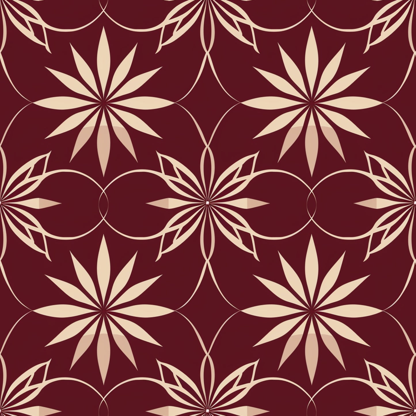 burgundy, cream, beige, abstract pattern, geometric design, star motifs, radiating petals, circular elements, intersecting circles, floral geometry, repeating pattern, quilting cotton, fabric panel, ornamental design, decorative motif, symmetrical pattern, elegant design, rich colors, intricate geometry, seamless repeat