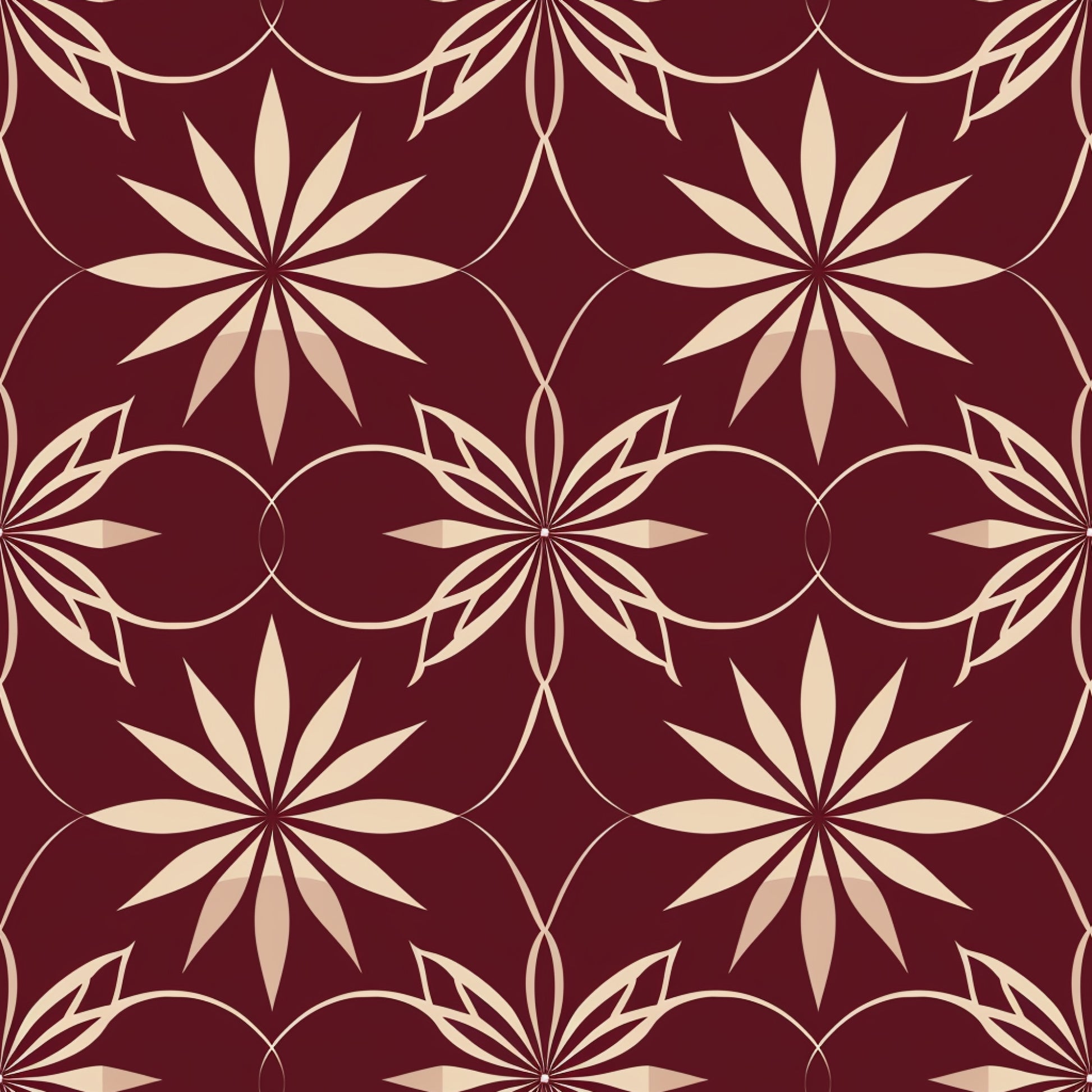 burgundy, cream, beige, abstract pattern, geometric design, star motifs, radiating petals, circular elements, intersecting circles, floral geometry, repeating pattern, quilting cotton, fabric panel, ornamental design, decorative motif, symmetrical pattern, elegant design, rich colors, intricate geometry, seamless repeat
