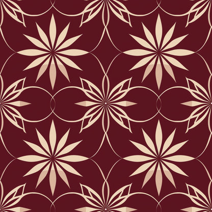 burgundy, cream, beige, abstract pattern, geometric design, star motifs, radiating petals, circular elements, intersecting circles, floral geometry, repeating pattern, quilting cotton, fabric panel, ornamental design, decorative motif, symmetrical pattern, elegant design, rich colors, intricate geometry, seamless repeat