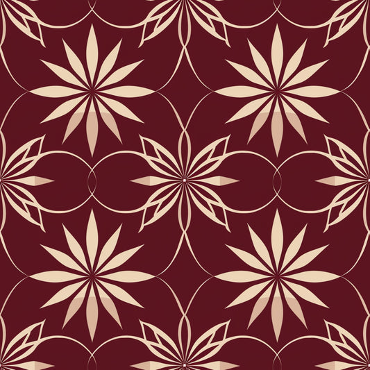 burgundy, cream, beige, abstract pattern, geometric design, star motifs, radiating petals, circular elements, intersecting circles, floral geometry, repeating pattern, quilting cotton, fabric panel, ornamental design, decorative motif, symmetrical pattern, elegant design, rich colors, intricate geometry, seamless repeat