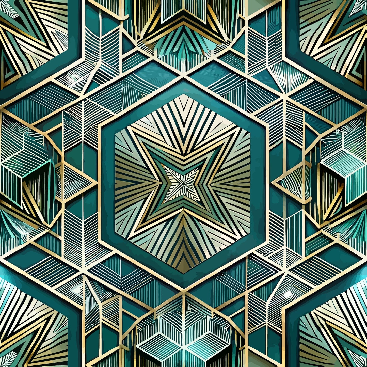 art deco, geometric pattern, teal, gold, cream, white, hexagonal shapes, radiating lines, symmetrical design, star motif, angular lines, metallic accents, vintage style, repeating pattern, quilting cotton, fabric panel, structured geometry, dimensional effect, sunburst design, sophisticated palette