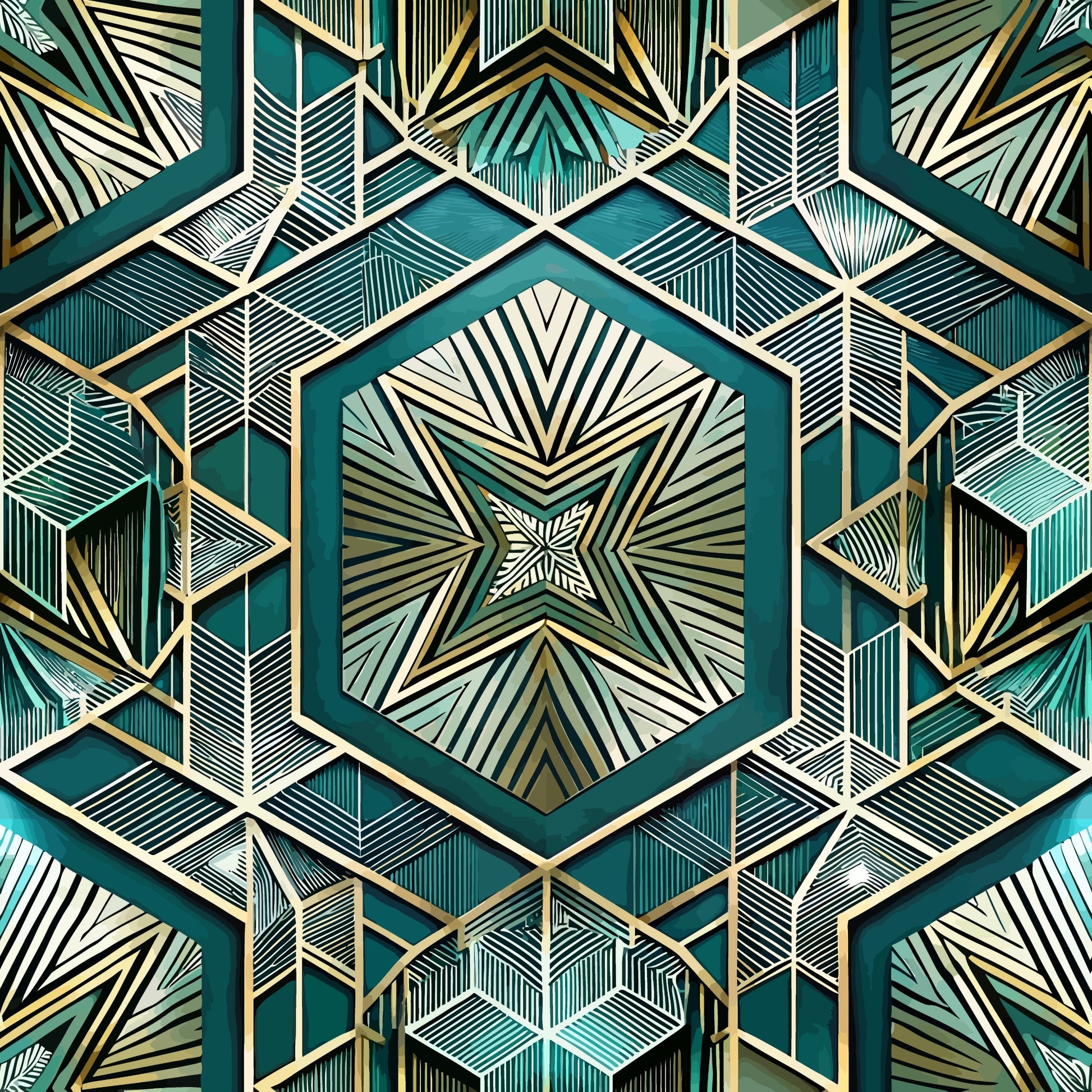 art deco, geometric pattern, teal, gold, cream, white, hexagonal shapes, radiating lines, symmetrical design, star motif, angular lines, metallic accents, vintage style, repeating pattern, quilting cotton, fabric panel, structured geometry, dimensional effect, sunburst design, sophisticated palette