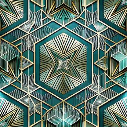 art deco, geometric pattern, teal, gold, cream, white, hexagonal shapes, radiating lines, symmetrical design, star motif, angular lines, metallic accents, vintage style, repeating pattern, quilting cotton, fabric panel, structured geometry, dimensional effect, sunburst design, sophisticated palette