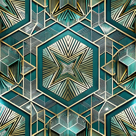 art deco, geometric pattern, teal, gold, cream, white, hexagonal shapes, radiating lines, symmetrical design, star motif, angular lines, metallic accents, vintage style, repeating pattern, quilting cotton, fabric panel, structured geometry, dimensional effect, sunburst design, sophisticated palette