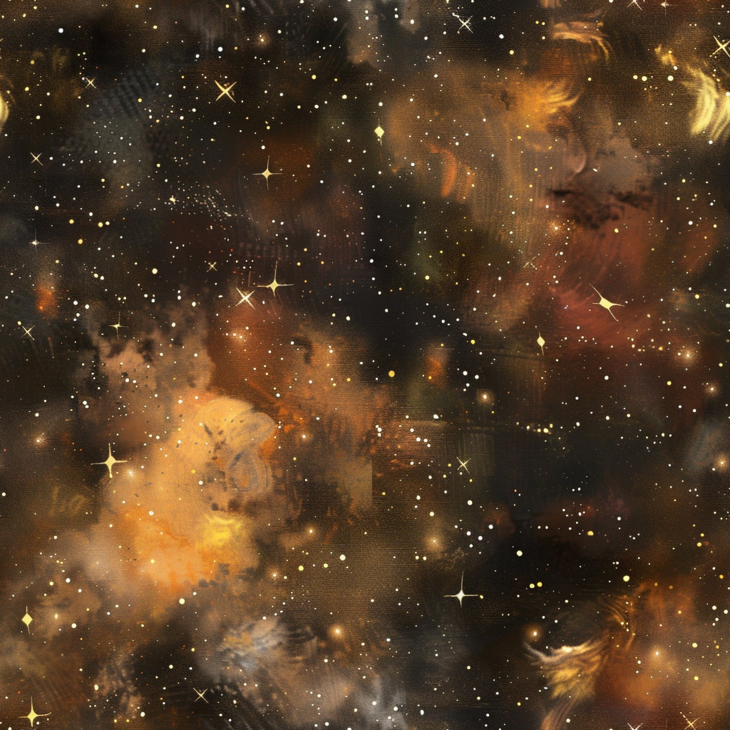 brown, amber, golden, orange, rust, black, galaxy, stars, nebula, cosmic, space, celestial, painted effect, swirled clouds, starfield, quilting cotton, fabric panel, astronomical, deep space, warm tones, cosmic dust, stellar, universe