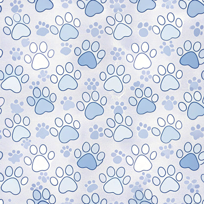 dog paws, paw prints, blue, light blue, periwinkle, white, cream, beige, animal prints, pet theme, scattered pattern, repeating motif, quilting cotton, fabric panel, playful, whimsical, cute animals, canine, dog lover, craft fabric, sewing material