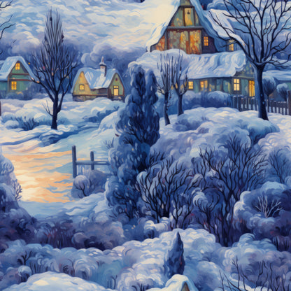 winter scene, snow-covered houses, twilight sky, blue tones, purple hues, warm yellow windows, cottage homes, bare trees, snowy landscape, quilting cotton, fabric panel, cozy village, evening light, frost covered, winter wonderland, peaceful scene, residential buildings, cold weather, seasonal design, artistic illustration