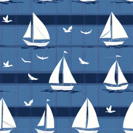 blue, navy blue, white, sailboats, sailing ships, seagulls, birds, nautical, maritime, ocean, water, stripes, repeating pattern, quilting cotton, fabric panel, coastal, marine theme, boats, sailing, geometric stripes