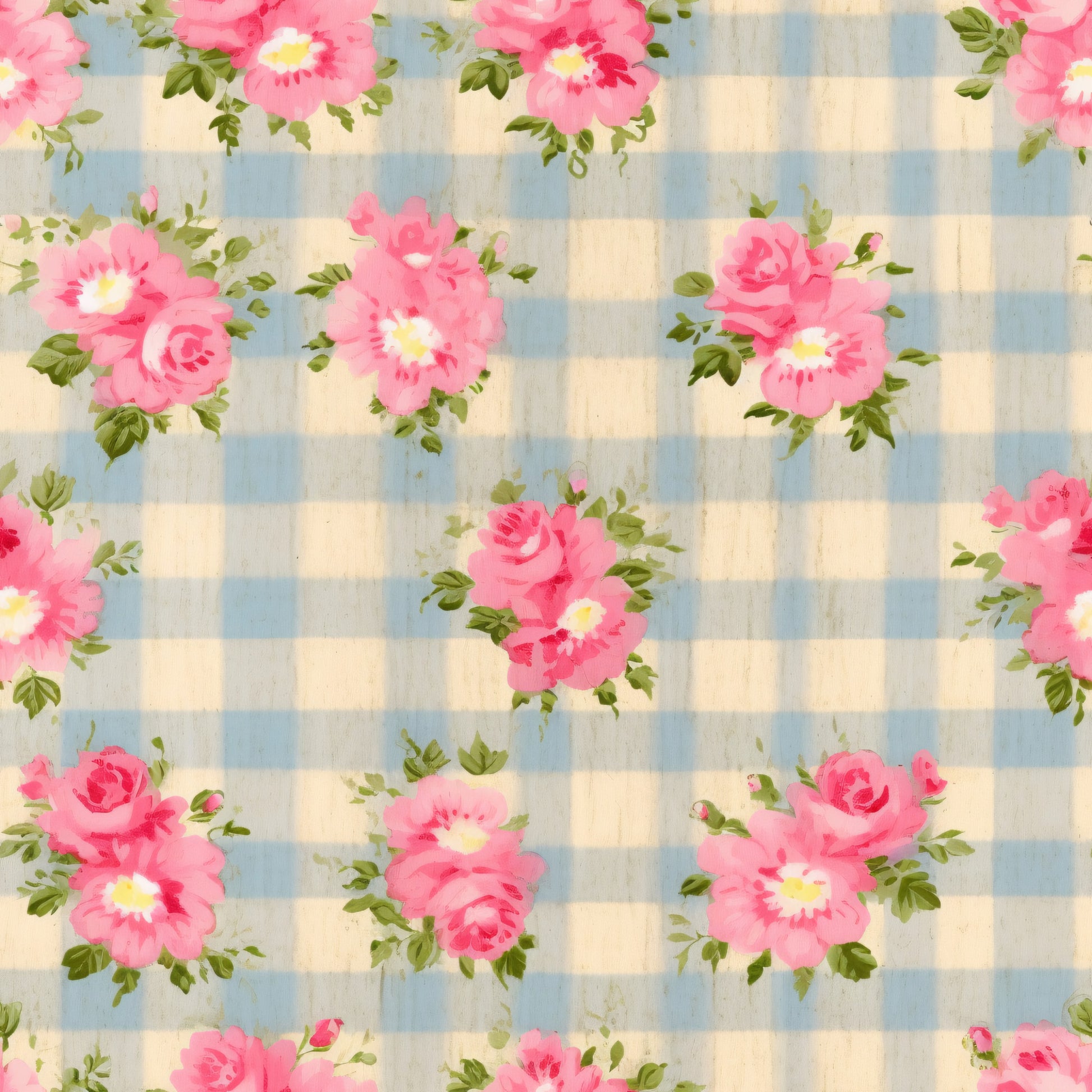 pink roses, blue gingham, cream checkered, floral pattern, country style, cottage core, vintage roses, quilting cotton, fabric panel, pastel colors, checkered background, rose blooms, green leaves, feminine design, shabby chic, romantic florals, soft pink, light blue, repeating pattern, quilting material