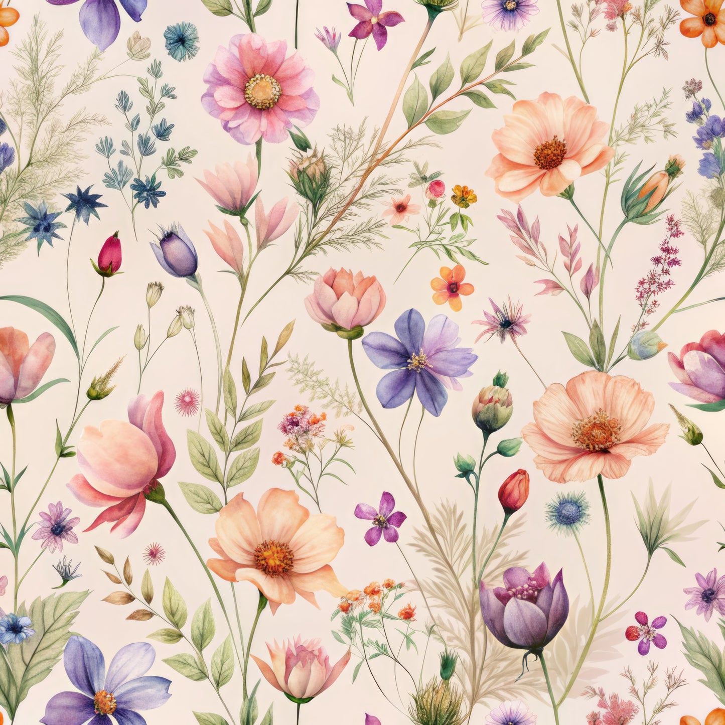 watercolor wildflowers, peach blossoms, purple tulips, coral poppies, botanical illustration, delicate florals, cream background, pastel palette, meadow flowers, quilting cotton, fabric panel, whimsical pattern, spring blooms, soft watercolors, floral motifs, nature inspired, vintage botanicals, scattered flowers, romantic florals, cottagecore aesthetic