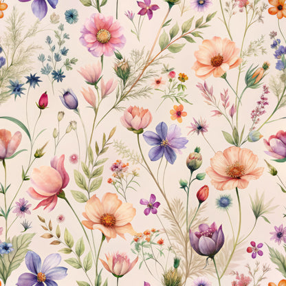 watercolor wildflowers, peach blossoms, purple tulips, coral poppies, botanical illustration, delicate florals, cream background, pastel palette, meadow flowers, quilting cotton, fabric panel, whimsical pattern, spring blooms, soft watercolors, floral motifs, nature inspired, vintage botanicals, scattered flowers, romantic florals, cottagecore aesthetic