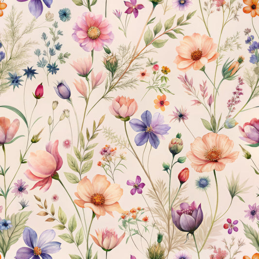 watercolor wildflowers, peach blossoms, purple tulips, coral poppies, botanical illustration, delicate florals, cream background, pastel palette, meadow flowers, quilting cotton, fabric panel, whimsical pattern, spring blooms, soft watercolors, floral motifs, nature inspired, vintage botanicals, scattered flowers, romantic florals, cottagecore aesthetic