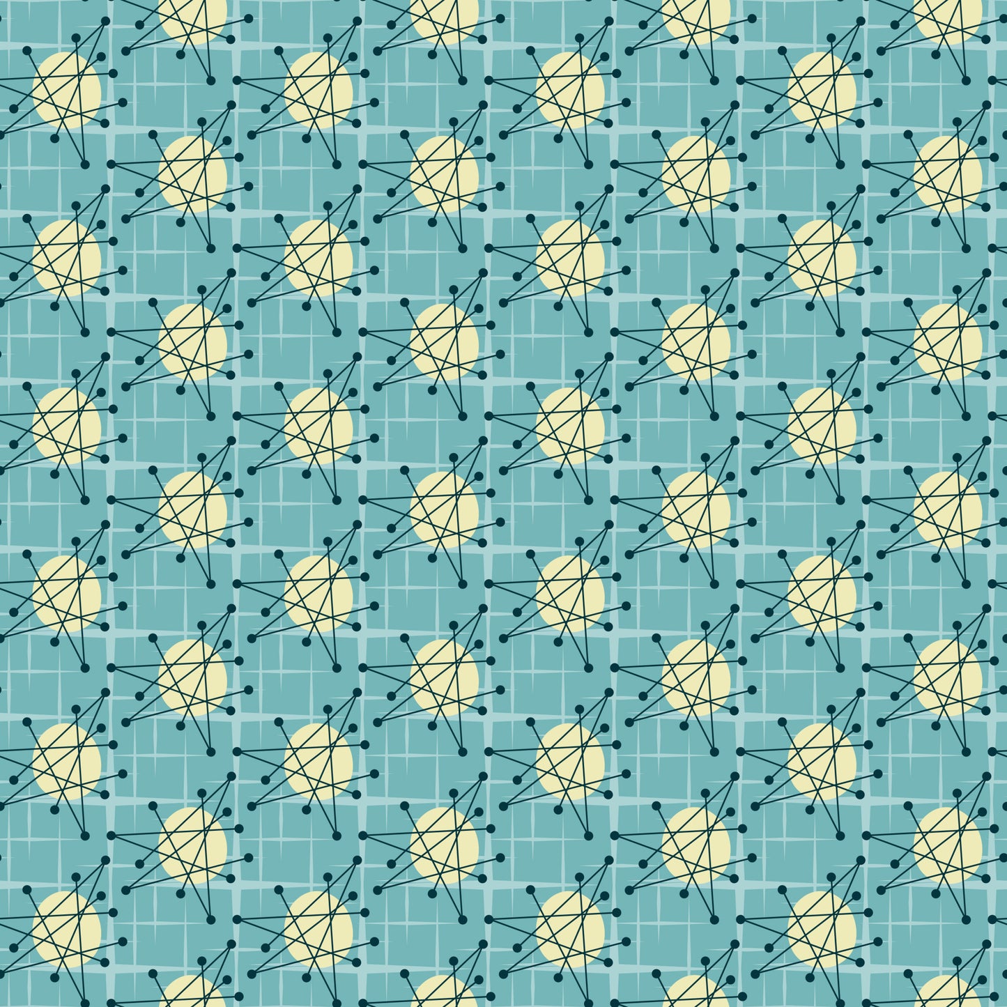 turquoise, teal, yellow, cream, atomic starburst, mid-century modern, geometric pattern, radiating lines, dots, nodes, retro design, vintage style, quilting cotton, fabric panel, starburst motif, atomic age, angular design, repeating pattern, modernist, grid background