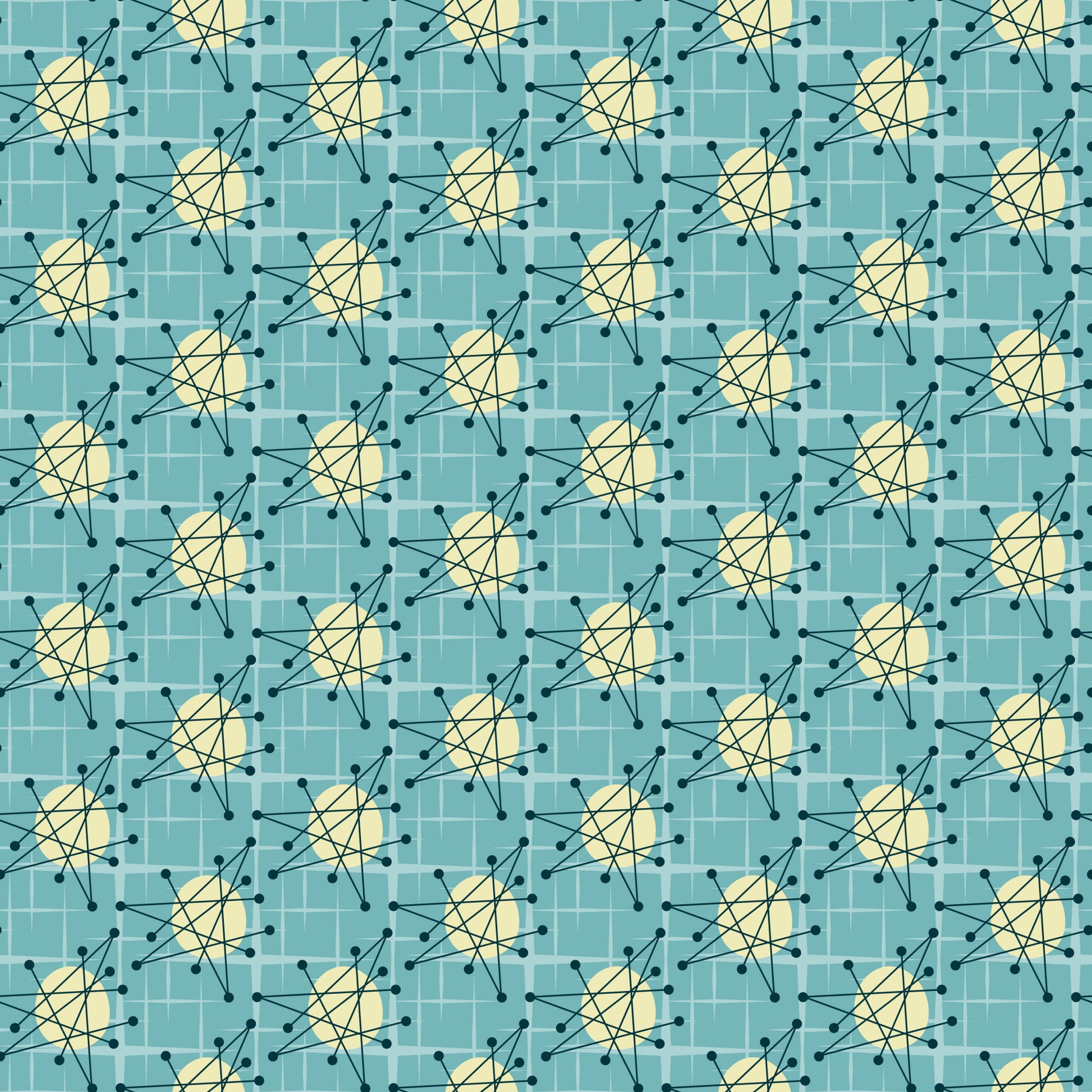 turquoise, teal, yellow, cream, atomic starburst, mid-century modern, geometric pattern, radiating lines, dots, nodes, retro design, vintage style, quilting cotton, fabric panel, starburst motif, atomic age, angular design, repeating pattern, modernist, grid background