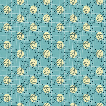 turquoise, teal, yellow, cream, atomic starburst, mid-century modern, geometric pattern, radiating lines, dots, nodes, retro design, vintage style, quilting cotton, fabric panel, starburst motif, atomic age, angular design, repeating pattern, modernist, grid background