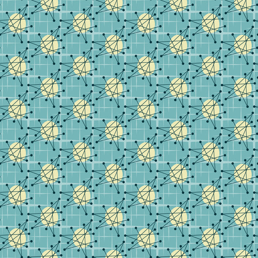 turquoise, teal, yellow, cream, atomic starburst, mid-century modern, geometric pattern, radiating lines, dots, nodes, retro design, vintage style, quilting cotton, fabric panel, starburst motif, atomic age, angular design, repeating pattern, modernist, grid background