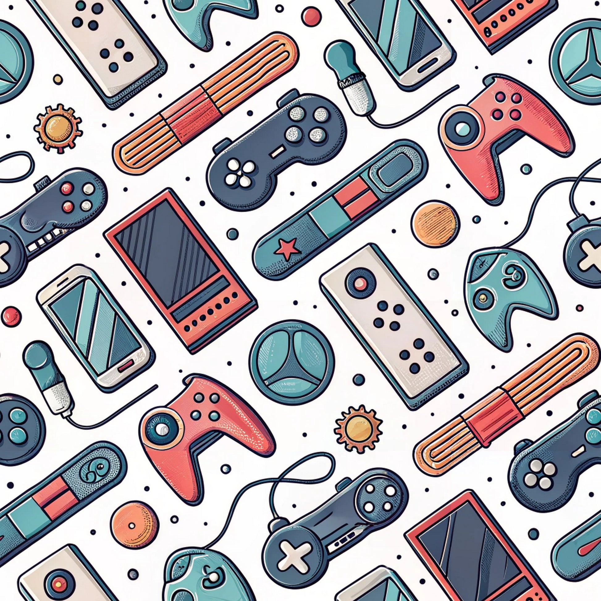 gaming controllers, retro controllers, video game pattern, coral pink, teal blue, navy blue, cream white, orange accents, modern gaming, electronic devices, handheld controllers, gaming consoles, quilting cotton, fabric panel, contemporary design, tech pattern, geometric gaming, scattered layout, gaming accessories, digital entertainment