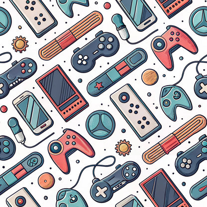 gaming controllers, retro controllers, video game pattern, coral pink, teal blue, navy blue, cream white, orange accents, modern gaming, electronic devices, handheld controllers, gaming consoles, quilting cotton, fabric panel, contemporary design, tech pattern, geometric gaming, scattered layout, gaming accessories, digital entertainment