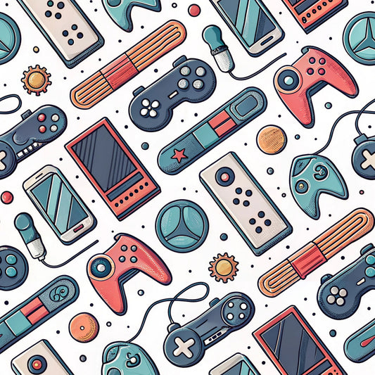 gaming controllers, retro controllers, video game pattern, coral pink, teal blue, navy blue, cream white, orange accents, modern gaming, electronic devices, handheld controllers, gaming consoles, quilting cotton, fabric panel, contemporary design, tech pattern, geometric gaming, scattered layout, gaming accessories, digital entertainment