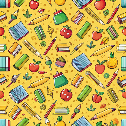 yellow background, red apples, school supplies, pencils, books, rulers, educational theme, back to school, cartoon style, bright colors, green accents, orange fruit, leaves, notebooks, writing tools, quilting cotton, fabric panel, cheerful pattern, scattered design, playful illustrations