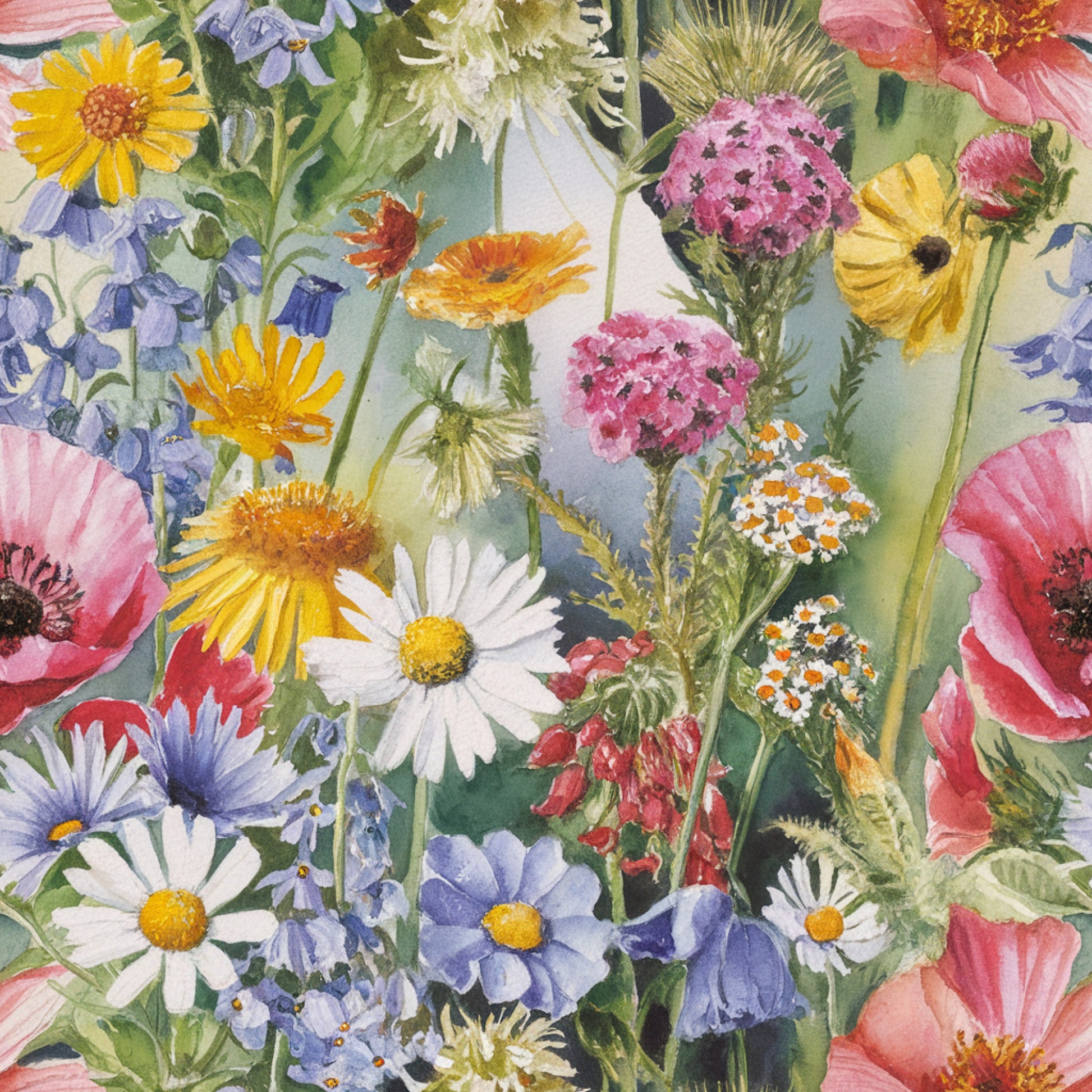 wildflowers, botanical illustration, watercolor style, coral pink, lavender blue, sunny yellow, sage green, white daisies, pink poppies, purple asters, orange calendula, mixed blooms, garden flowers, natural meadow, spring florals, quilting cotton, fabric panel, delicate petals, whimsical arrangement, cottage garden