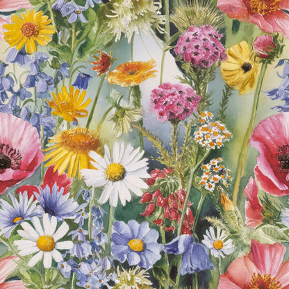 wildflowers, botanical illustration, watercolor style, coral pink, lavender blue, sunny yellow, sage green, white daisies, pink poppies, purple asters, orange calendula, mixed blooms, garden flowers, natural meadow, spring florals, quilting cotton, fabric panel, delicate petals, whimsical arrangement, cottage garden