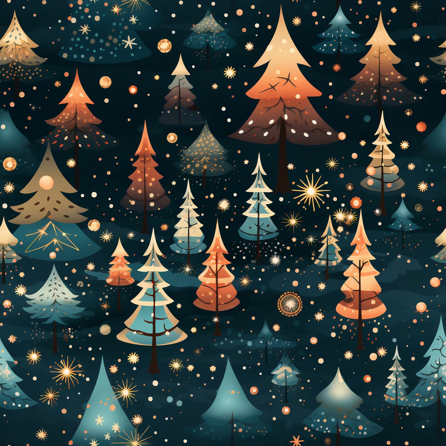 christmas trees, winter wonderland, quilting cotton, fabric panel, navy blue background, orange accents, teal blue, cream white, gold stars, geometric trees, starry night, holiday pattern, festive design, winter theme, christmas fabric, scattered stars, modern illustration, seasonal quilting, cotton fabric, winter trees