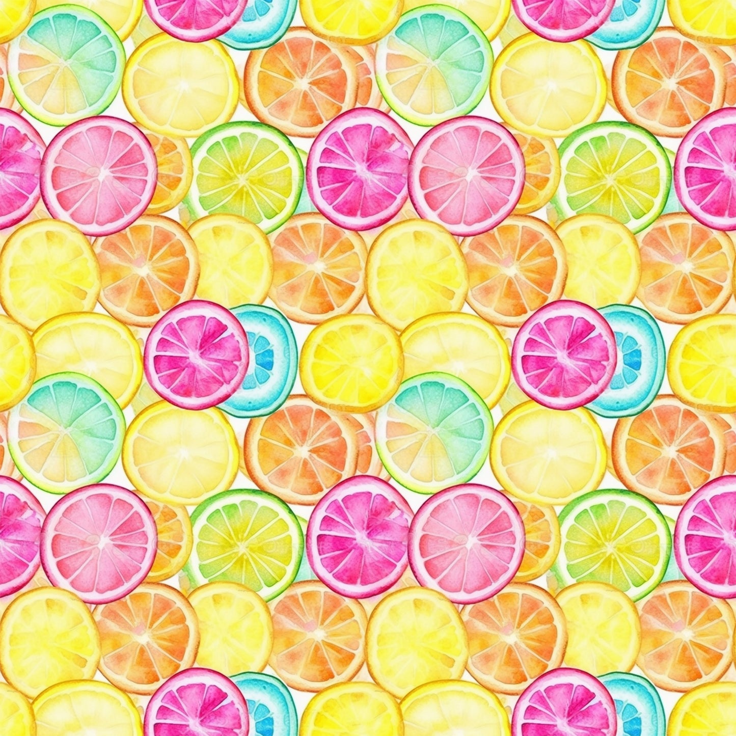 citrus slices, lemon, orange, lime, grapefruit, pink, yellow, green, blue, watercolor style, fruit pattern, bright colors, summer vibes, fresh, juicy, quilting cotton, fabric panel, cheerful, vibrant, tropical feel