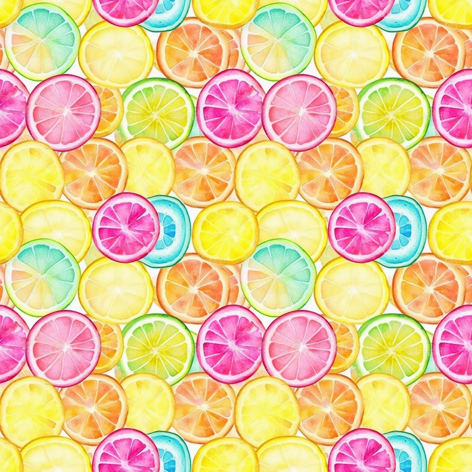 citrus slices, lemon, orange, lime, grapefruit, pink, yellow, green, blue, watercolor style, fruit pattern, bright colors, summer vibes, fresh, juicy, quilting cotton, fabric panel, cheerful, vibrant, tropical feel
