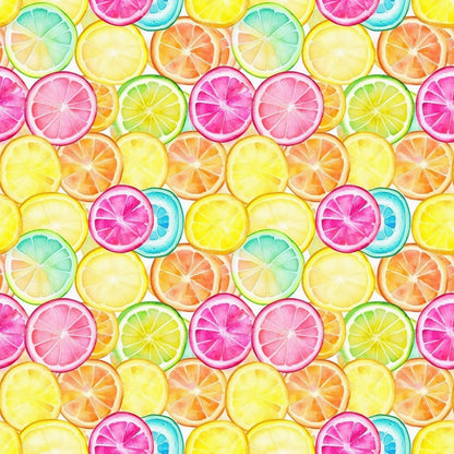 citrus slices, lemon, orange, lime, grapefruit, pink, yellow, green, blue, watercolor style, fruit pattern, bright colors, summer vibes, fresh, juicy, quilting cotton, fabric panel, cheerful, vibrant, tropical feel