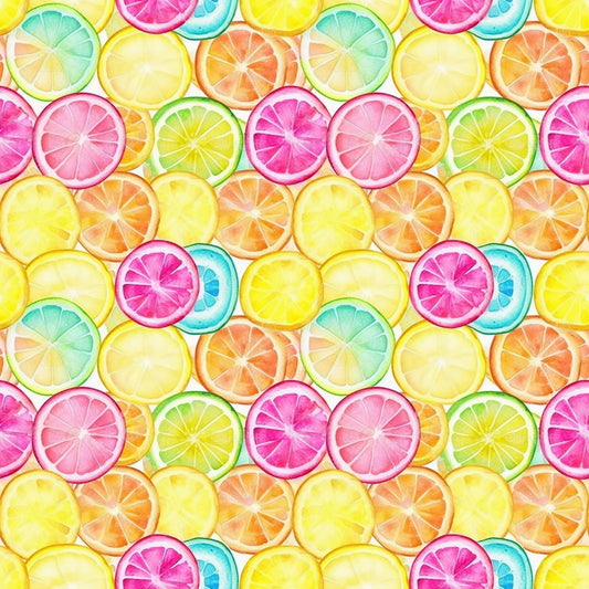 citrus slices, lemon, orange, lime, grapefruit, pink, yellow, green, blue, watercolor style, fruit pattern, bright colors, summer vibes, fresh, juicy, quilting cotton, fabric panel, cheerful, vibrant, tropical feel