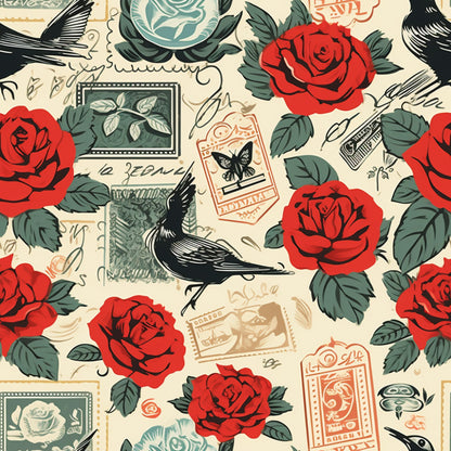 red roses, black birds, vintage stamps, cream background, postal theme, flying swallows, green leaves, coral accents, romantic motifs, quilting cotton, fabric panel, retro pattern, floral design, avian elements, nostalgic style, botanical prints, scattered layout, valentine theme, love letters, vintage ephemera