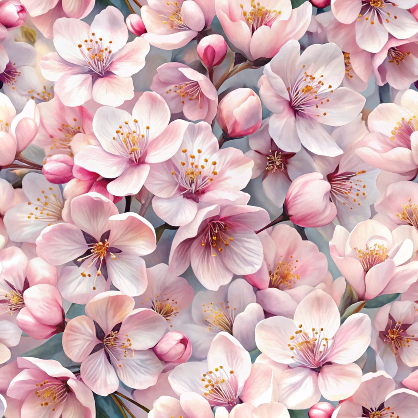 pink flowers, cherry blossoms, realistic floral, spring blooms, soft pink, white petals, yellow stamens, botanical pattern, quilting cotton, fabric panel, delicate flowers, nature design, floral motif, blooming branches, feminine colors, craft fabric, sewing material, flower buds, romantic florals, seamless pattern