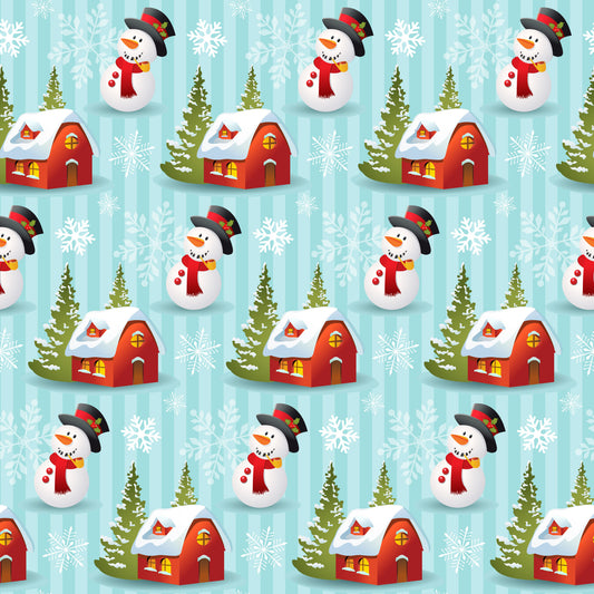 christmas fabric, winter pattern, snowman character, red houses, evergreen trees, white snowflakes, light blue background, festive motif, repeating design, holiday theme, quilting cotton, fabric panel, winter village, snow-covered roofs, cartoon style, cheerful pattern, seasonal fabric, craft material, sewing fabric, winter wonderland