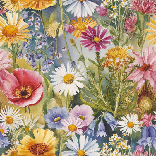 wildflower, botanical, floral pattern, watercolor style, pink poppies, yellow daisies, purple asters, white flowers, orange blooms, meadow flowers, quilting cotton, fabric panel, nature inspired, spring garden, delicate petals, soft pastels, artistic florals, blooming meadow, cottage garden, hand painted look