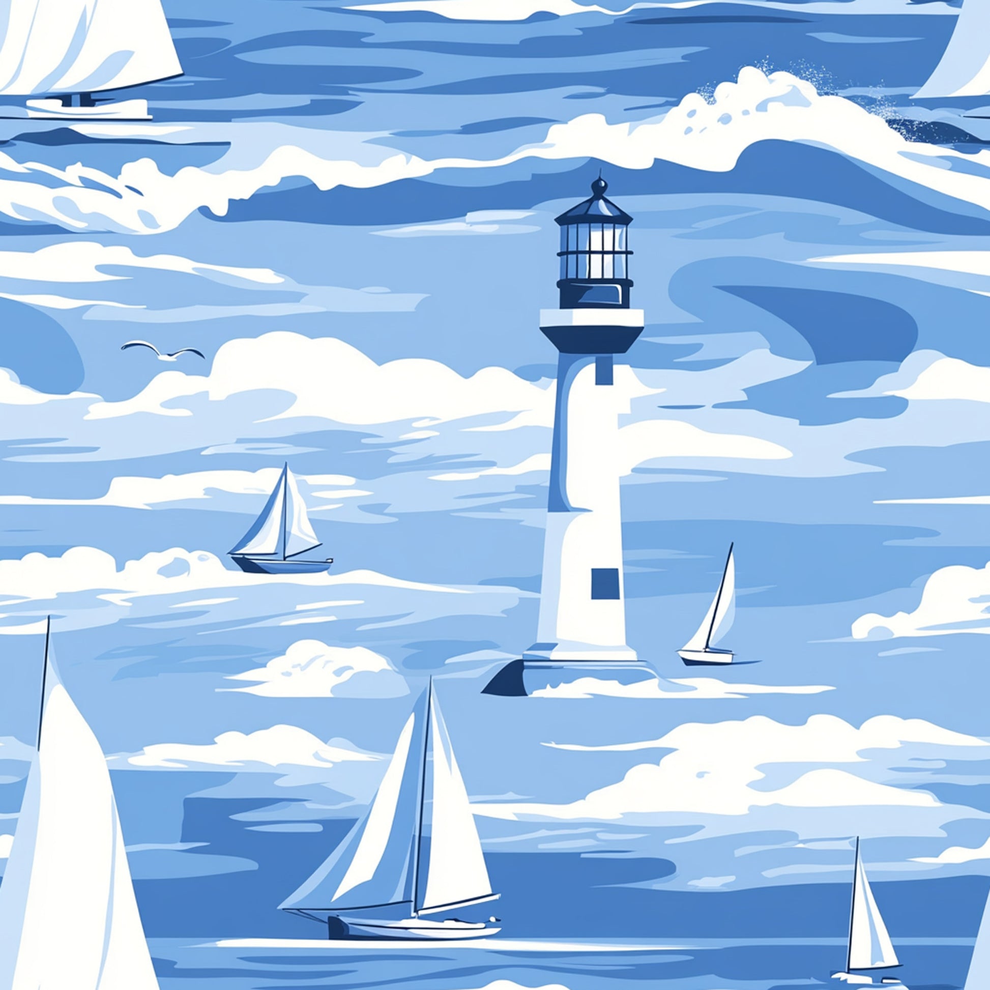 lighthouse, sailboats, nautical scene, ocean waves, seagulls, blue tones, white clouds, maritime theme, coastal design, sailing boats, water scene, sky backdrop, nautical pattern, quilting cotton, fabric panel, sea life, boating theme, watercolor style, peaceful mood, marine illustration