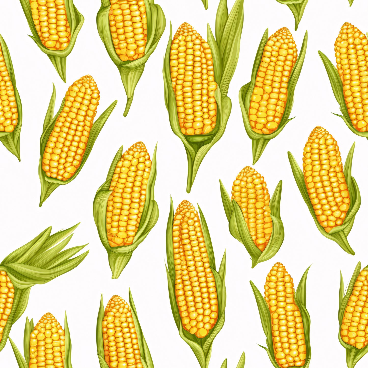 yellow corn, golden yellow, bright orange, green husks, corn cobs, vegetable pattern, food motif, harvest theme, agricultural design, seamless pattern, quilting cotton, fabric panel, autumn colors, farm fresh, corn kernels, botanical print, kitchen theme, scattered design, realistic illustration, summer produce
